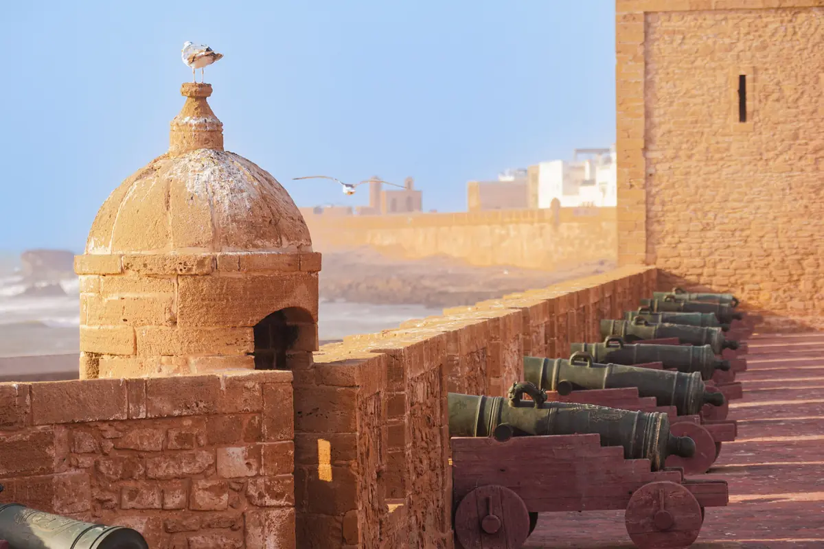 Cannons and watchtower on the Skala ramparts of Essaouira, facing the ocean